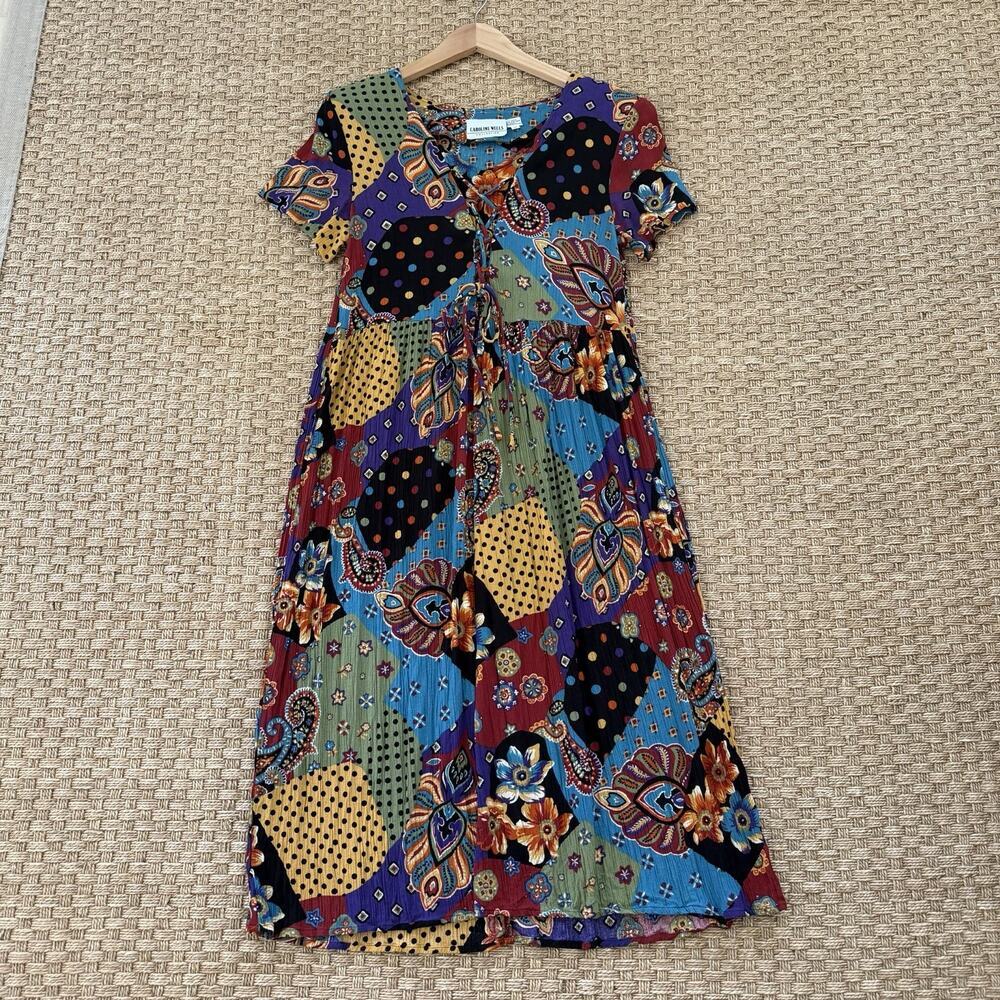 Vintage 90s Caroline Wells Collection Multicolor Patterned Dress Women’s Size 10